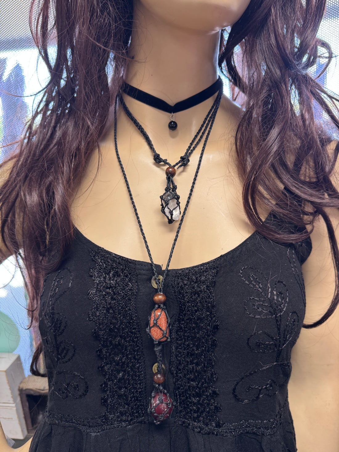 Cotton adjustable necklace for 2 gemstones-black